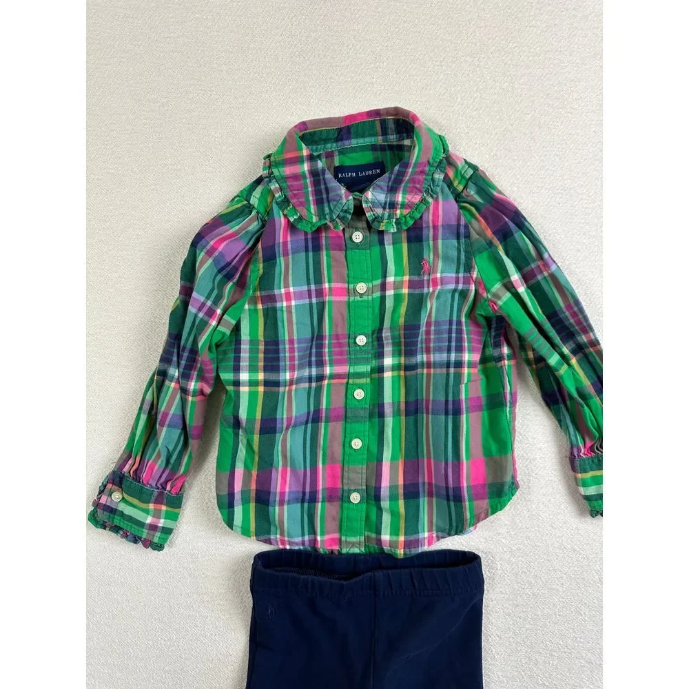 Ralph Lauren Matching Set Girls 2T Plaid Shirt‎ & Navy Jodhpur Pants
